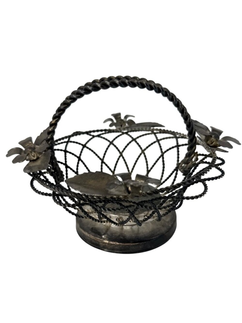 Vintage Silverplate Floral Wire Basket Pedestal Handle 6.5”